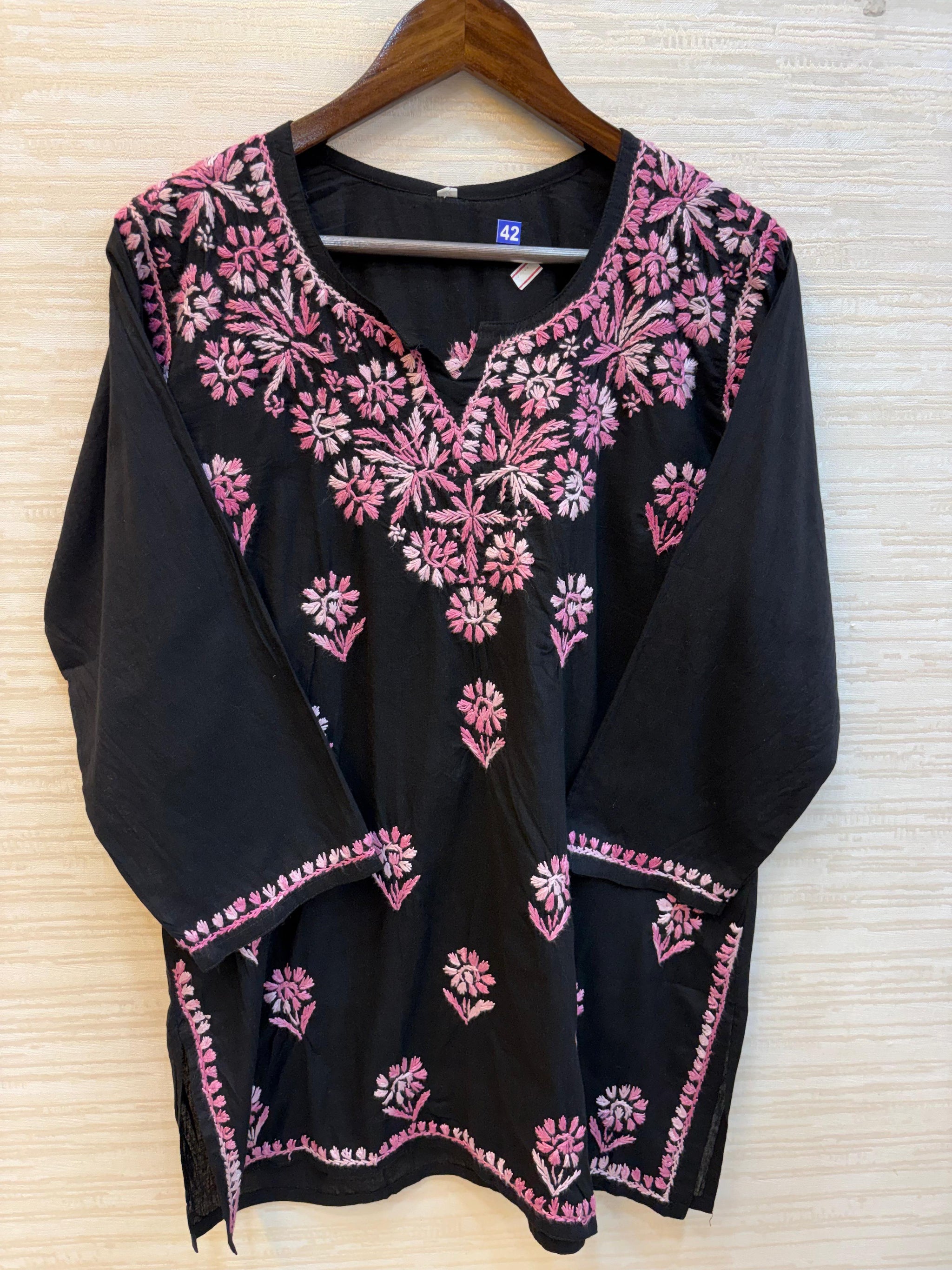 617 Lucknowi Short Kurti Set  Black - Pink