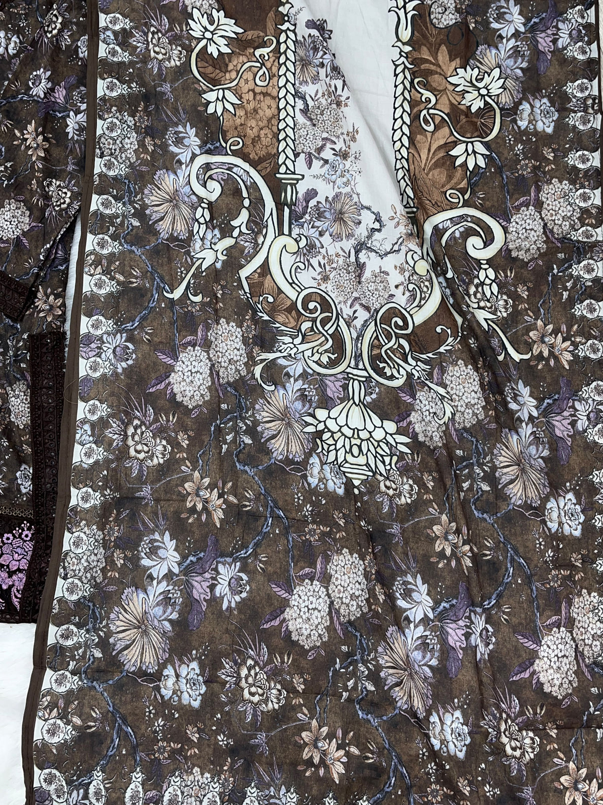 1424 Mausumery Foral Lawn Suit - Brown