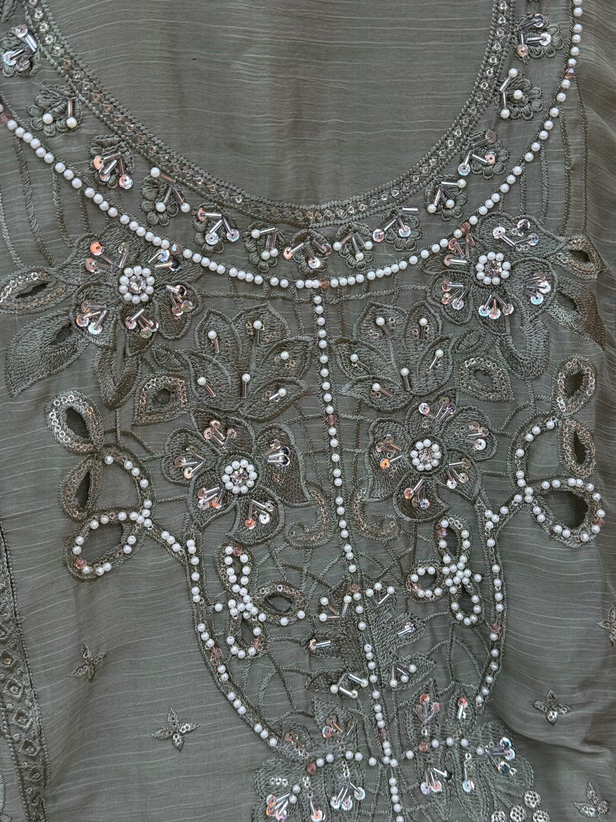 1456 Pakistani Unstitched Partywear - Olive Green