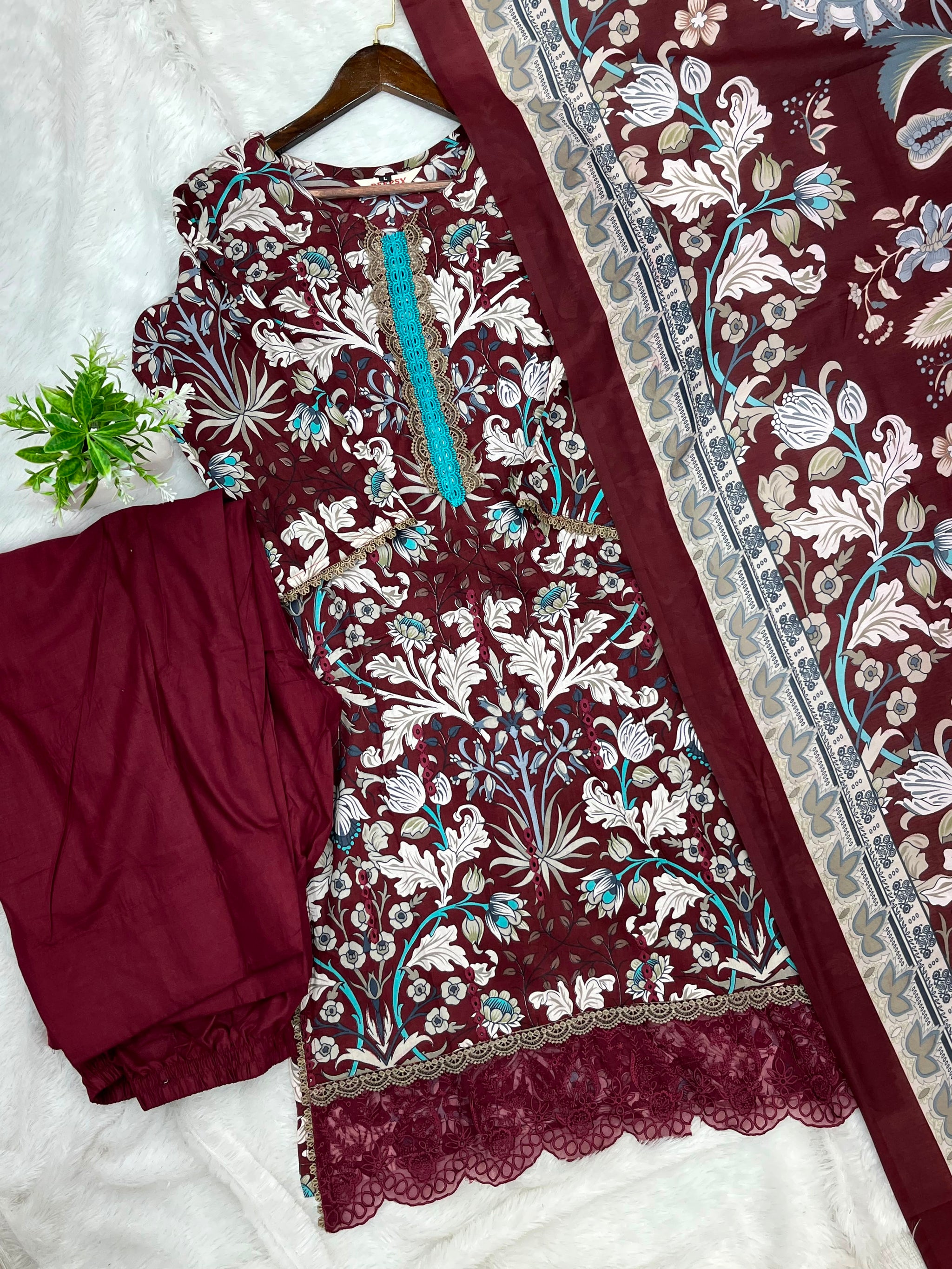1320 Pakistani Chikankari Lawn Suit -  Brown