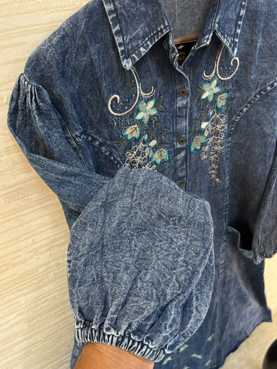 1193 Embroidered Denim Gown - Mid Blue