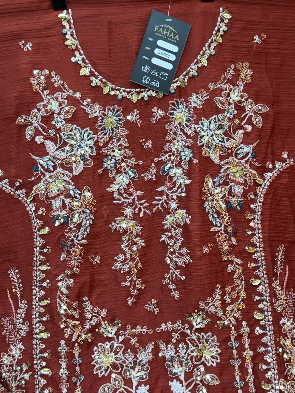 1444 Pakistani Unstitched Partywear - Reddish Brown