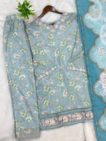 1441 Mausumery Foral Lawn Suit - Ice Blue