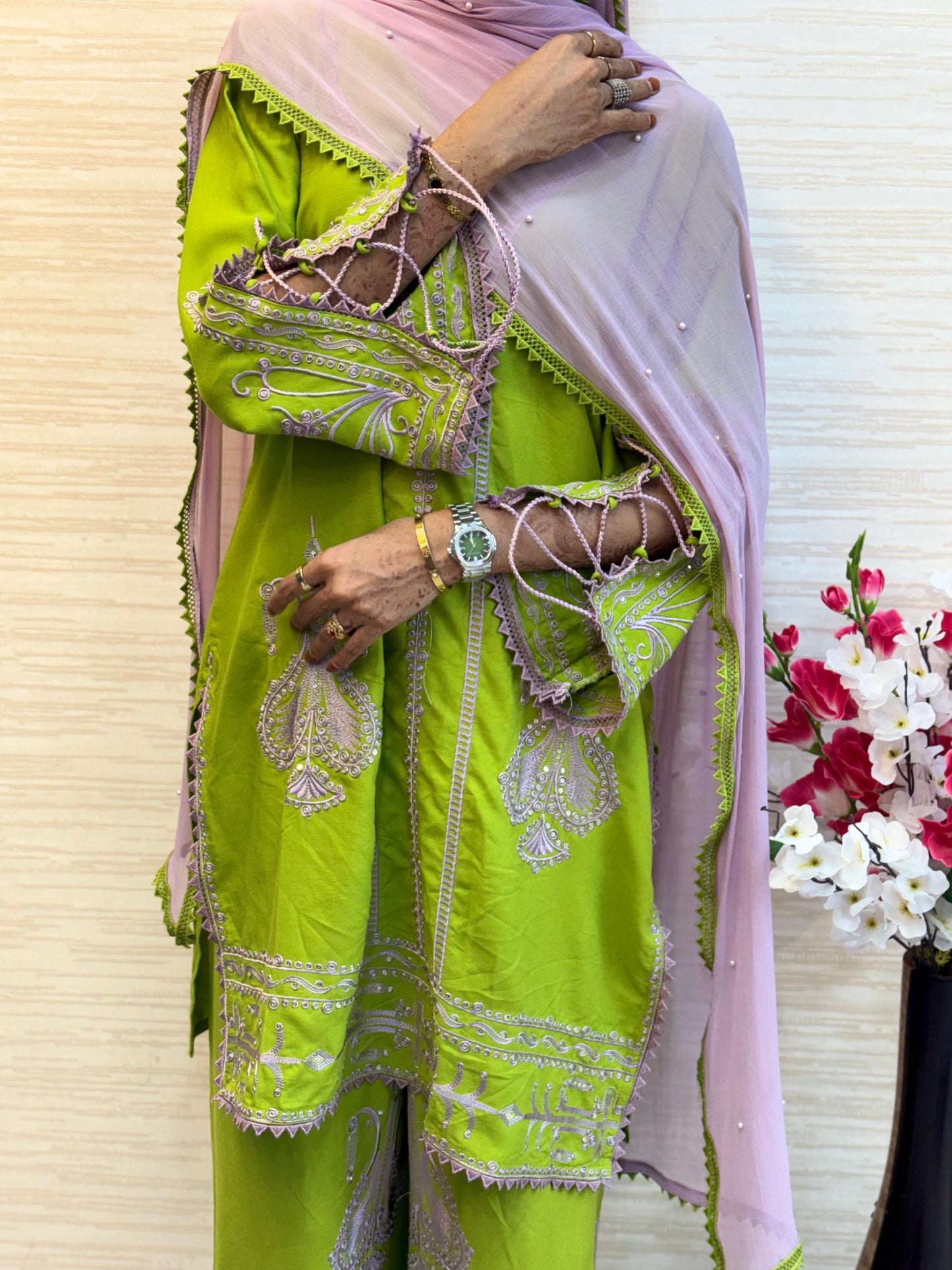 328 Two-Tone Intricately  Embroidered Ethnic Cord Set - Neon