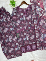 1424 Mausumery Foral Lawn Suit - Plum