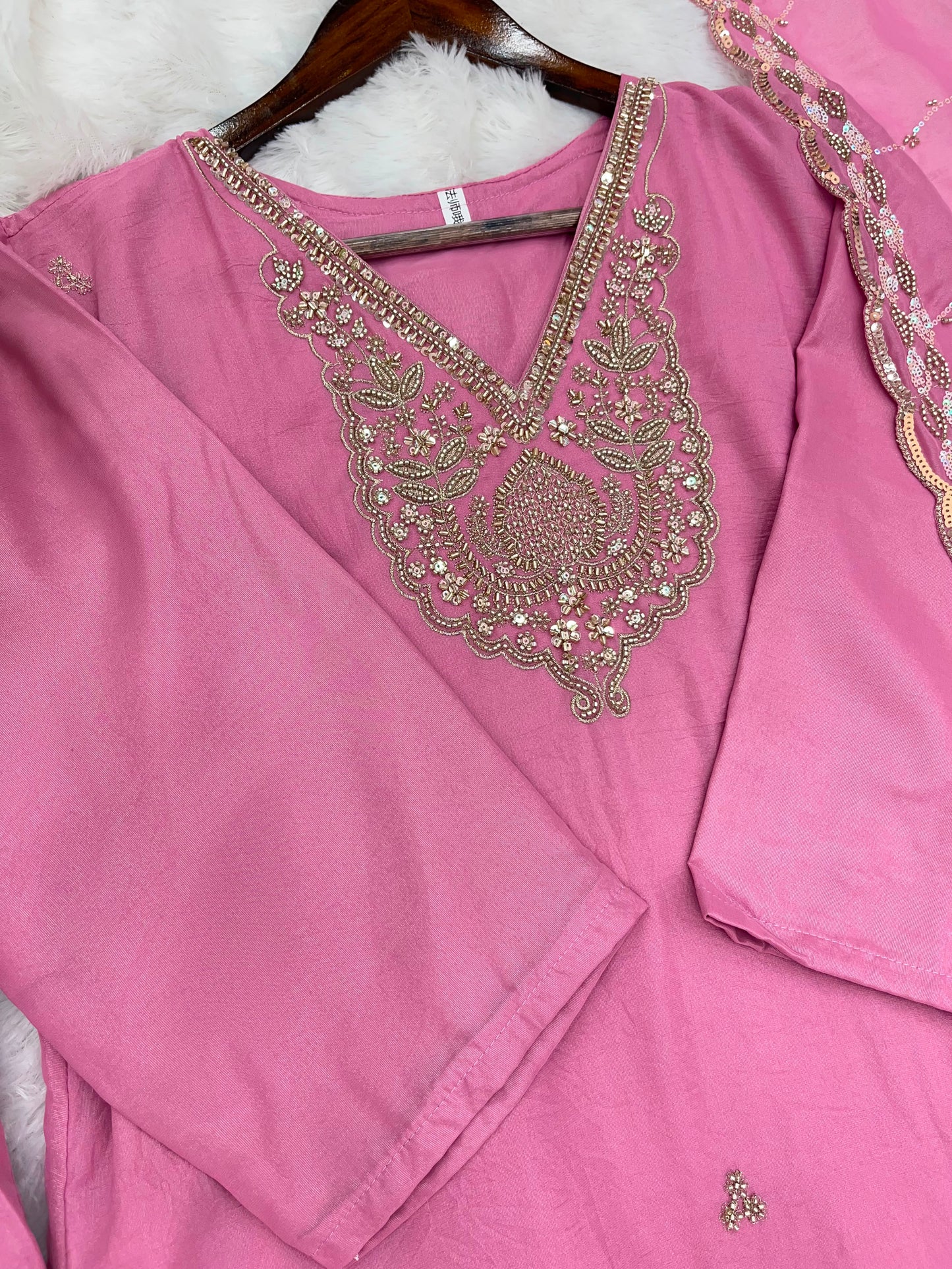 1204 Floral Hand-Work Partywear - Dusty Pink