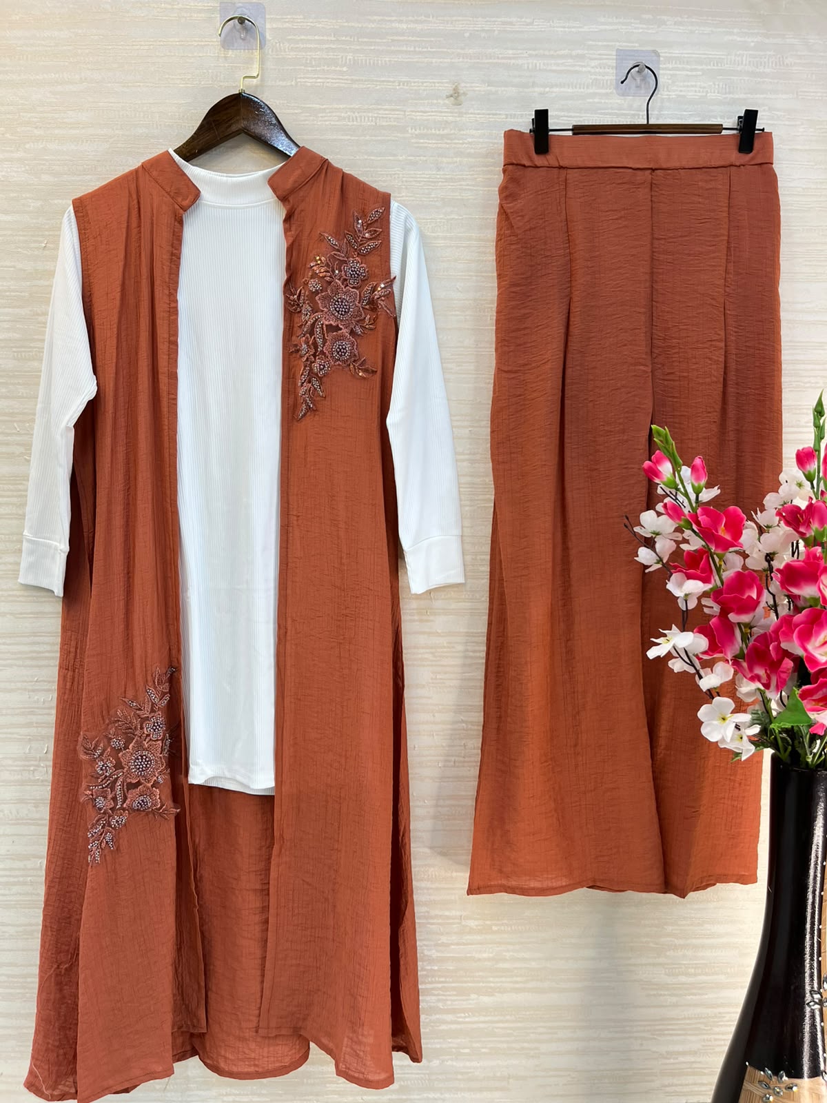 1191 Embroidered Shrug Coord Set - Terracotta