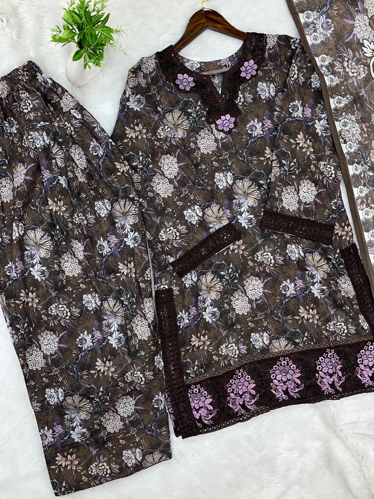1424 Mausumery Foral Lawn Suit - Brown
