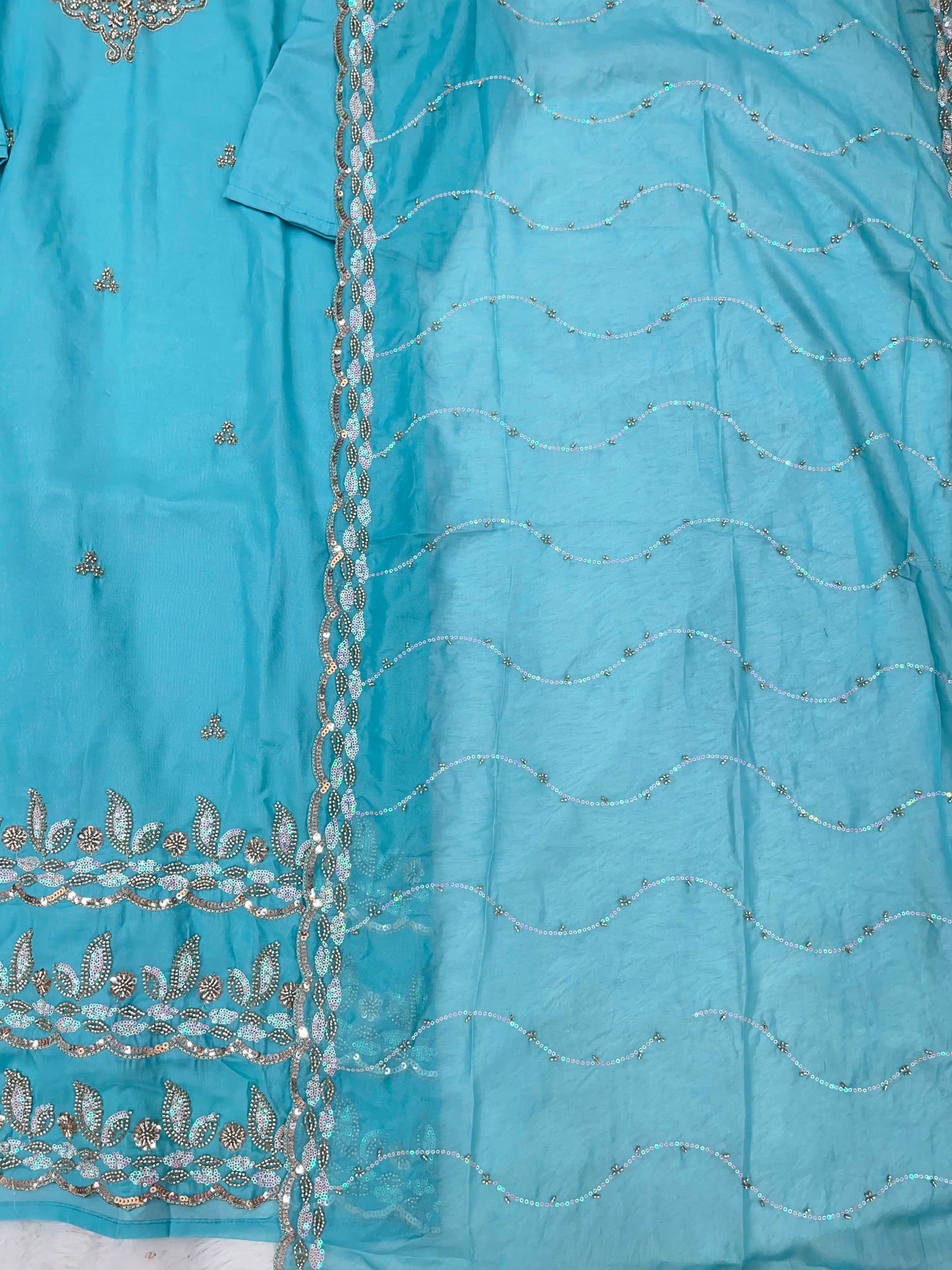 1204 Floral Hand-Work Partywear - Aqua