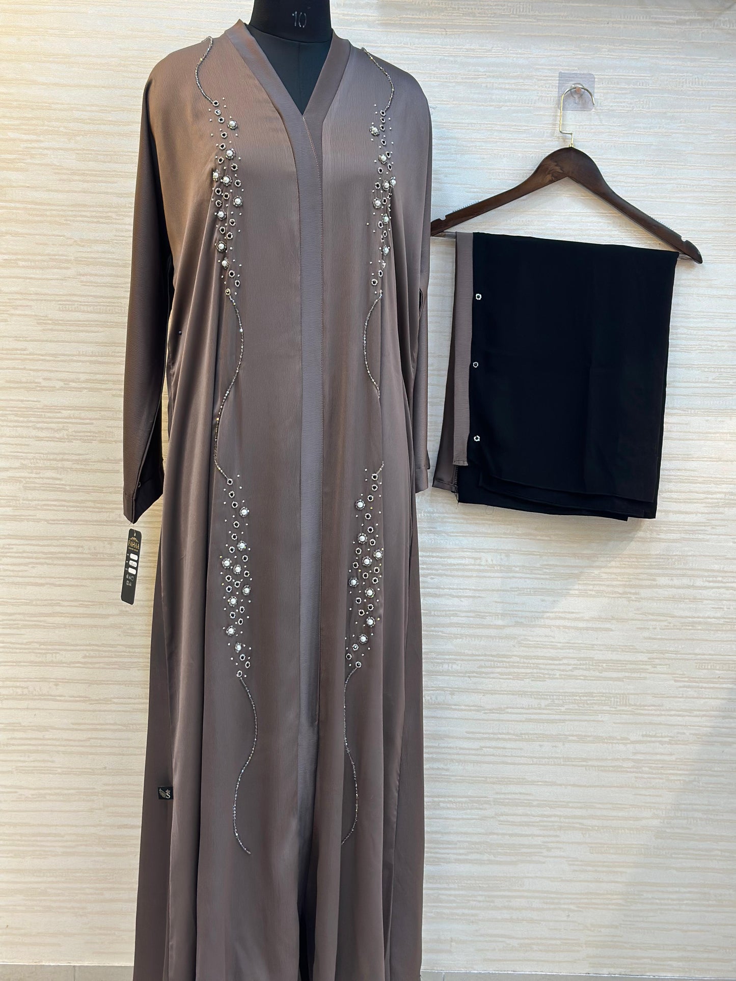 334 Midnight Pearl Embellished Abaya Set - Brownish Taupe