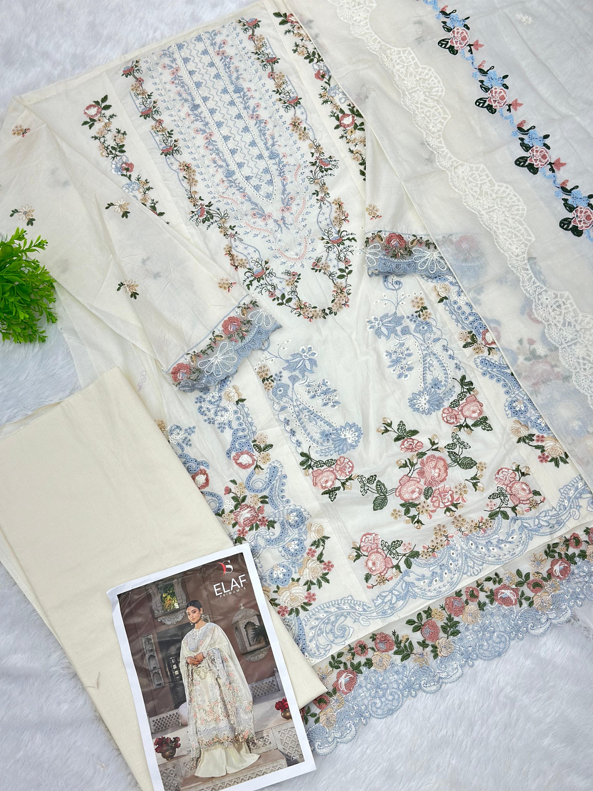 866 Elaf Pakistani Unstitched chikan Lawn Suit