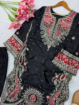 1319 Premium Pakistani Embroidered Black Kaftan 2 Pc Set