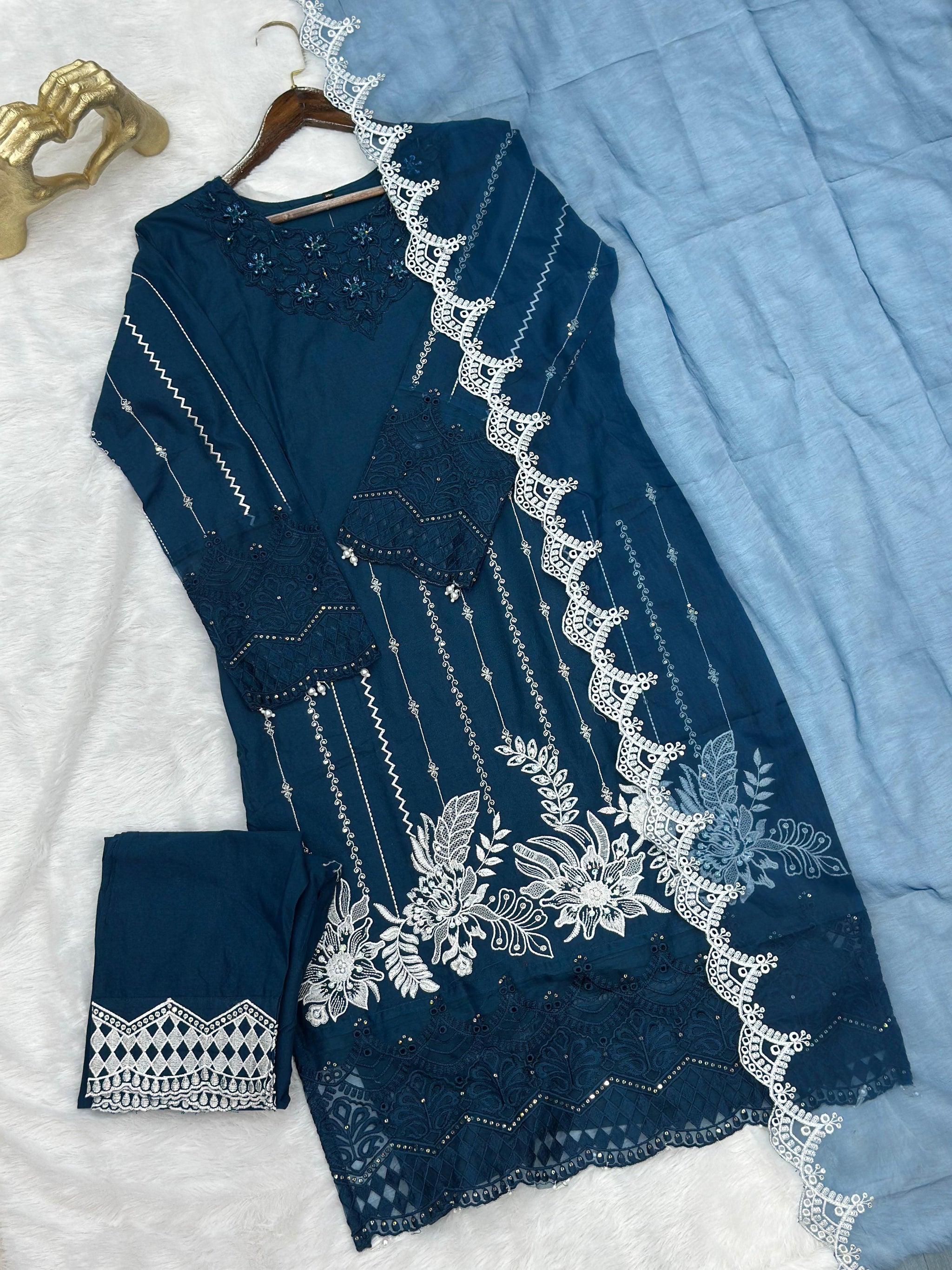 622 Premium Embroidered Pakistani Party Wear - Teal Blue