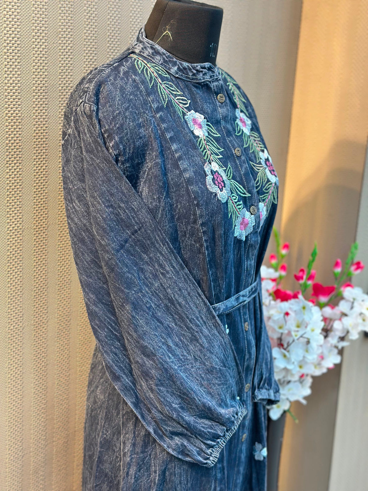 1387 Embroidered Denim Gown - Mid Blue