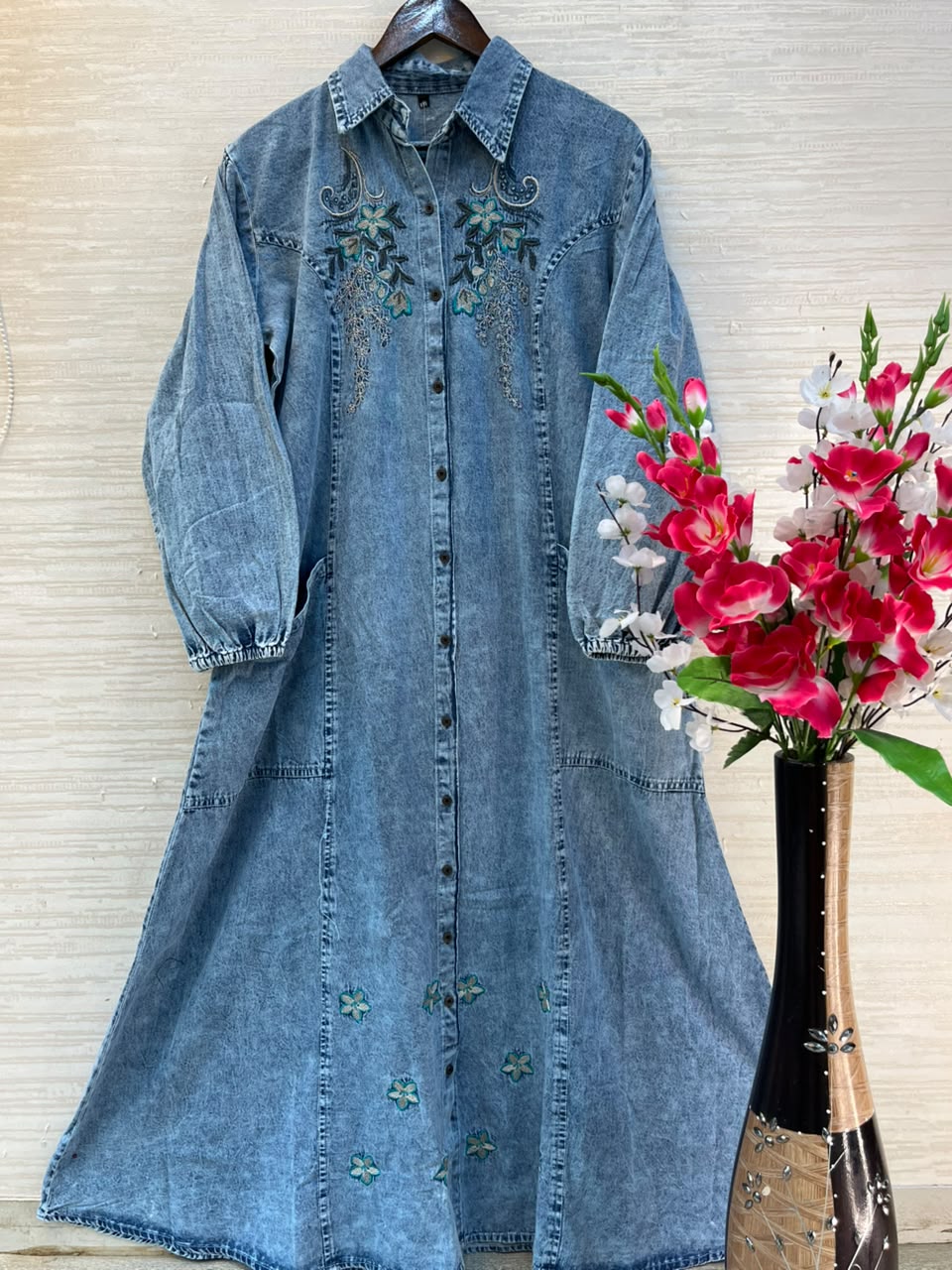 1193 Embroidered Denim Gown - Sky Blue
