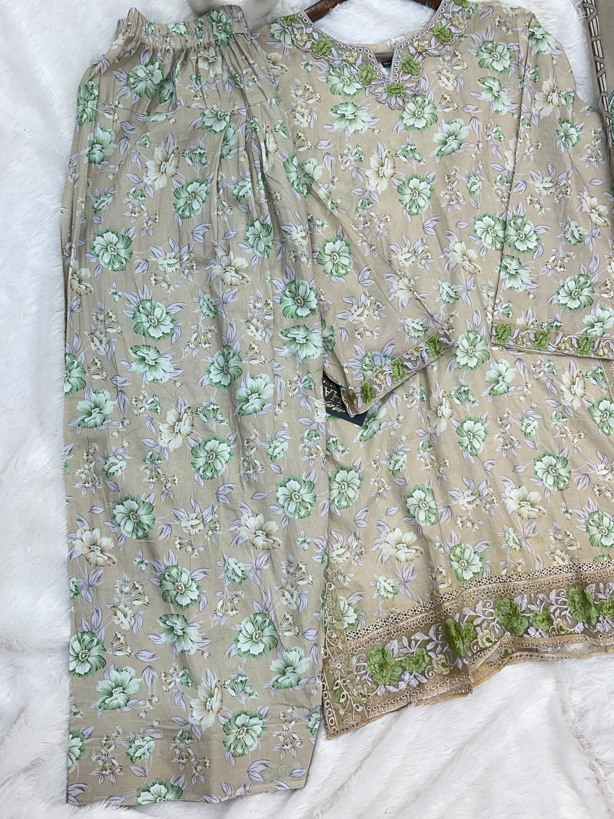 1441 Mausumery Foral Lawn Suit - Beige