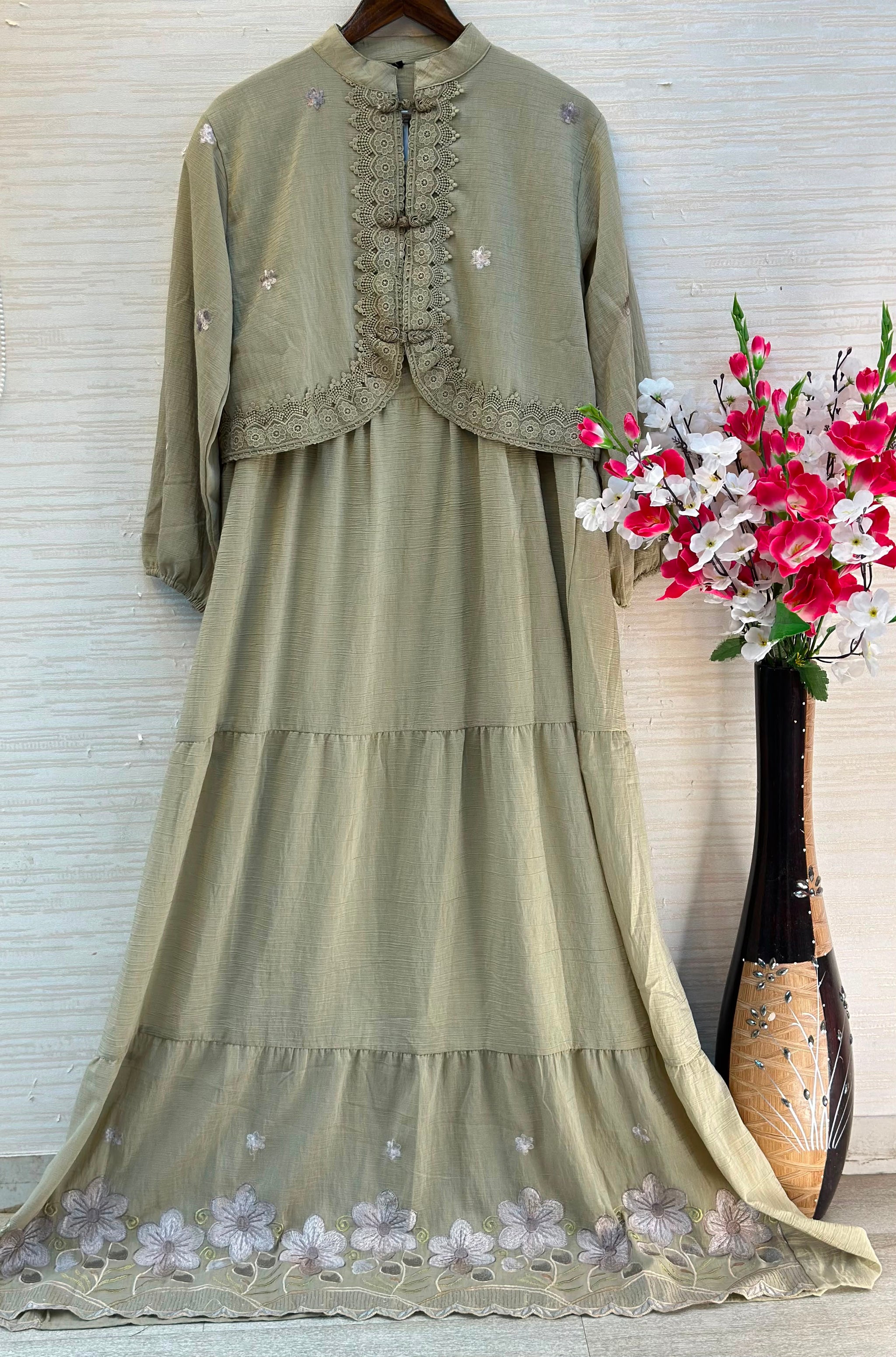 1208 Korean Jacket Gown Set - Olive Green
