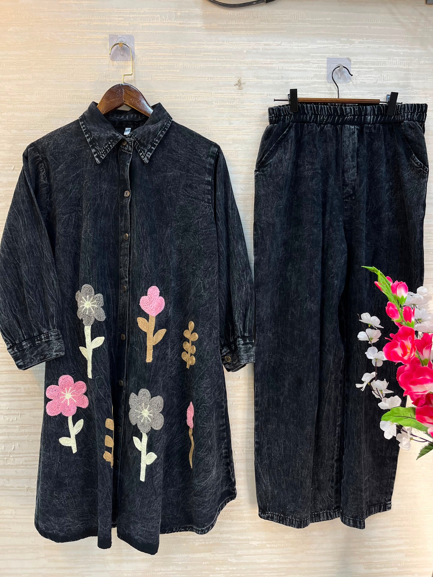 1195 Denim Crochet Coord Set - Black