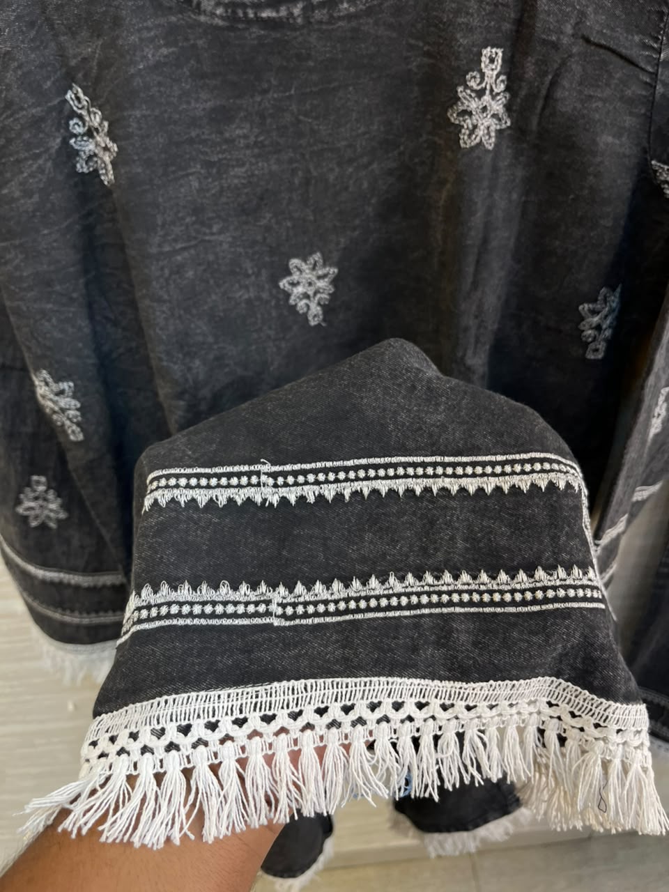 1189 Embroidered Denim Coordset - Charcoal Grey