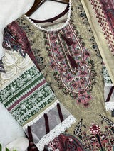 1449 Pakistani Embroidered Suit - Olive Beige
