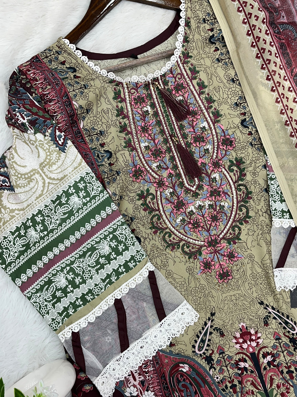1449 Pakistani Embroidered Suit - Olive Beige