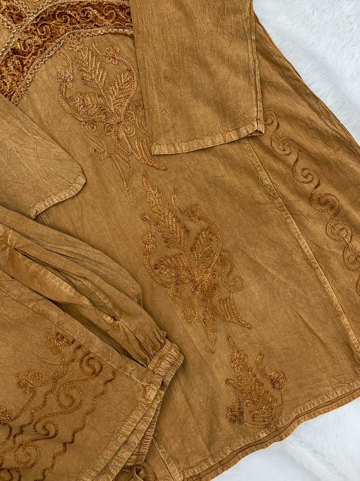 1391 Kashmiri Embroidered CoordSet - Camel Mustard