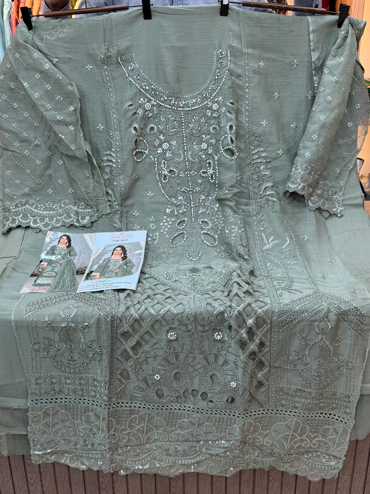 1456 Pakistani Unstitched Partywear - Olive Green