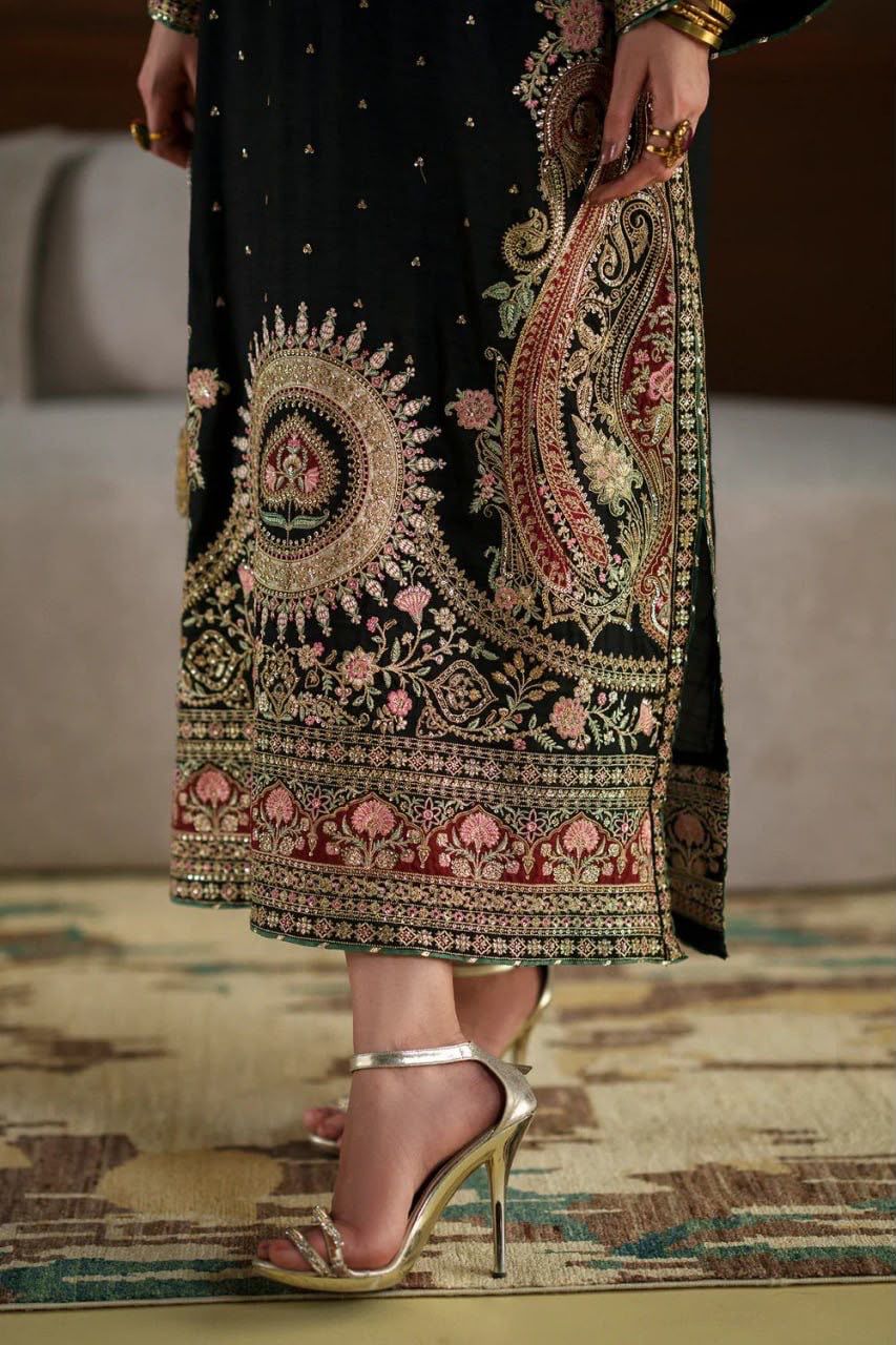 1319 Premium Pakistani Embroidered Black Kaftan 2 Pc Set