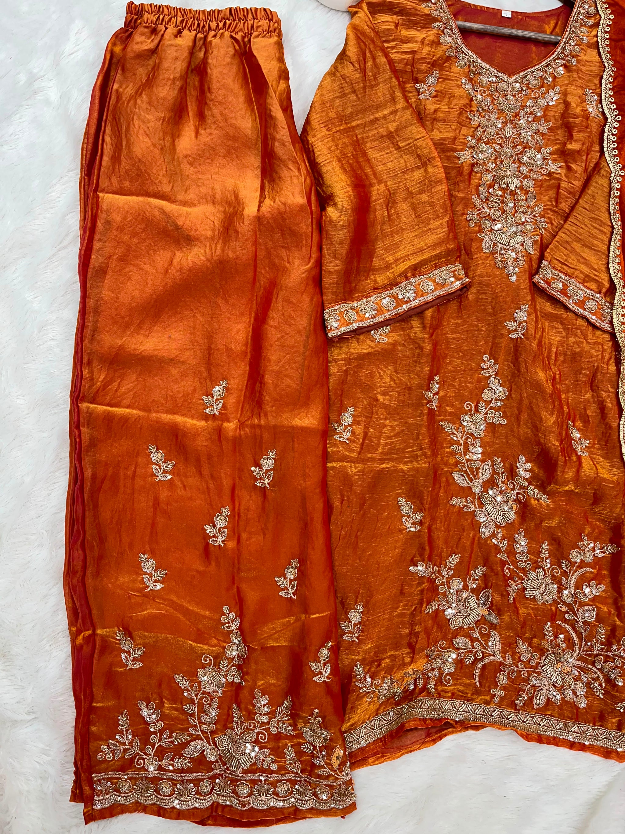 1204 Floral Hand-Work Partywear - Rusty Orange
