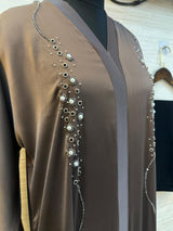 334 Midnight Pearl Embellished Abaya Set - Brownish Taupe