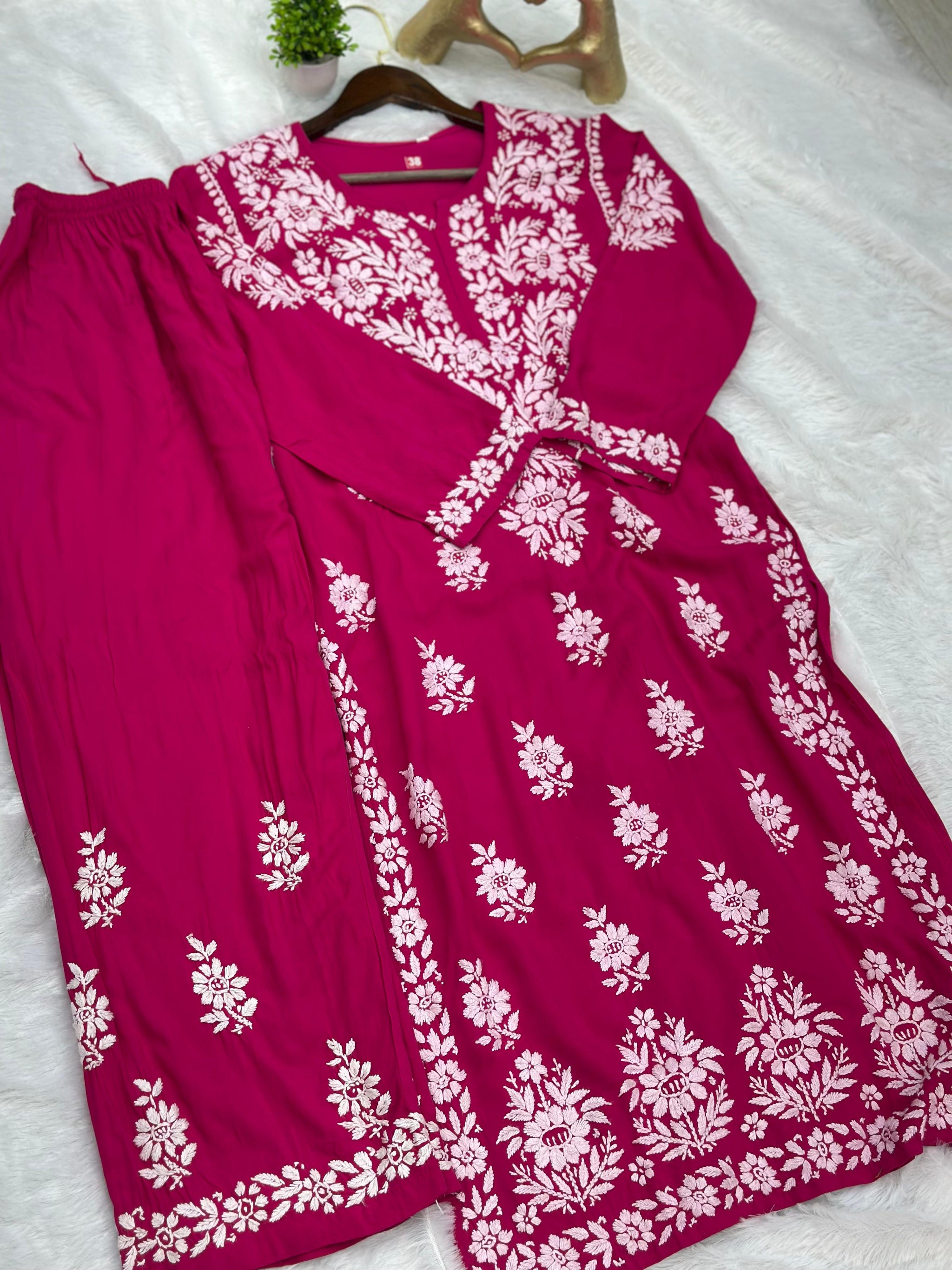 666 Lucknowi Palazzo Set - Dark Pink