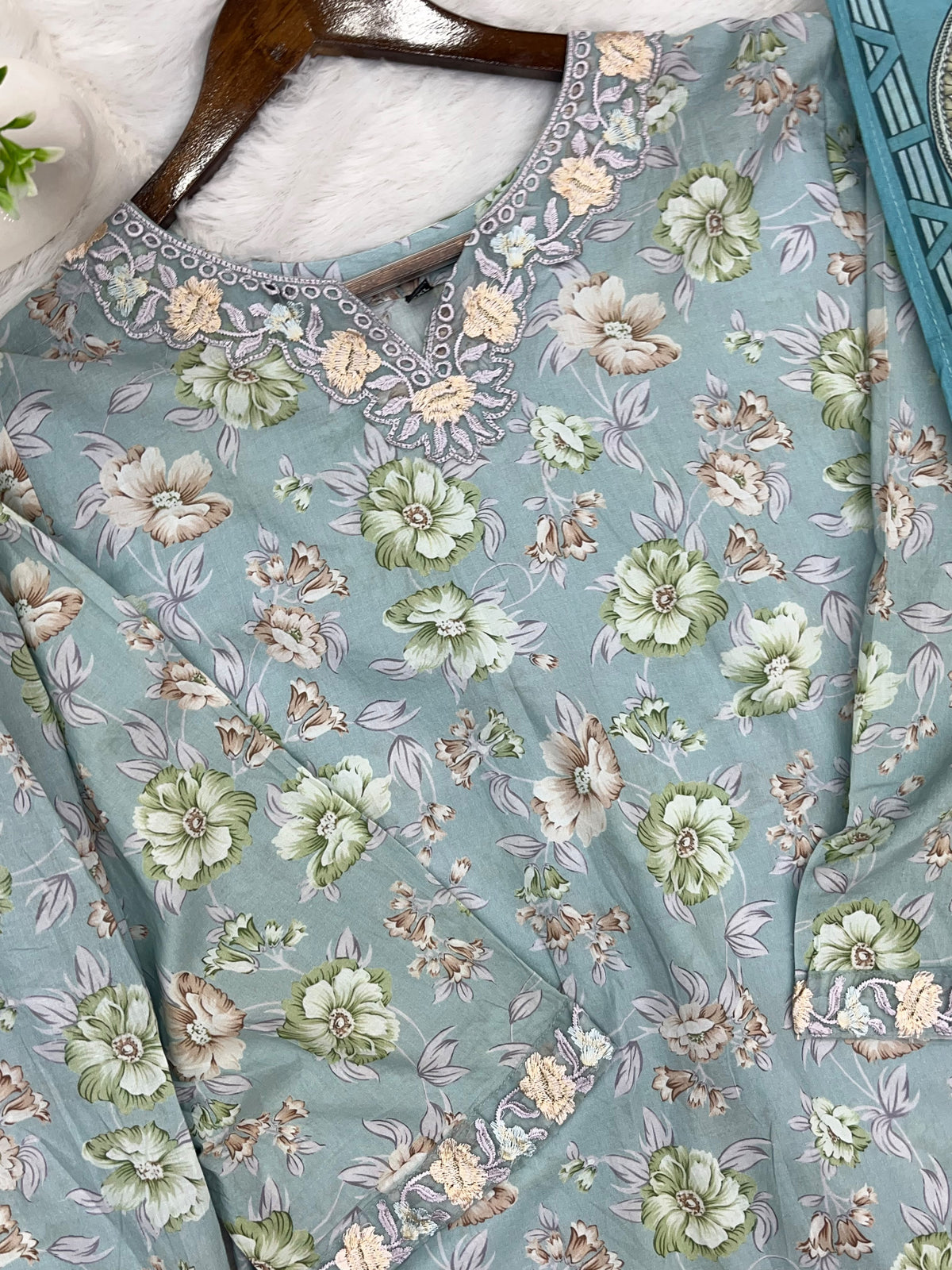 1441 Mausumery Foral Lawn Suit - Ice Blue