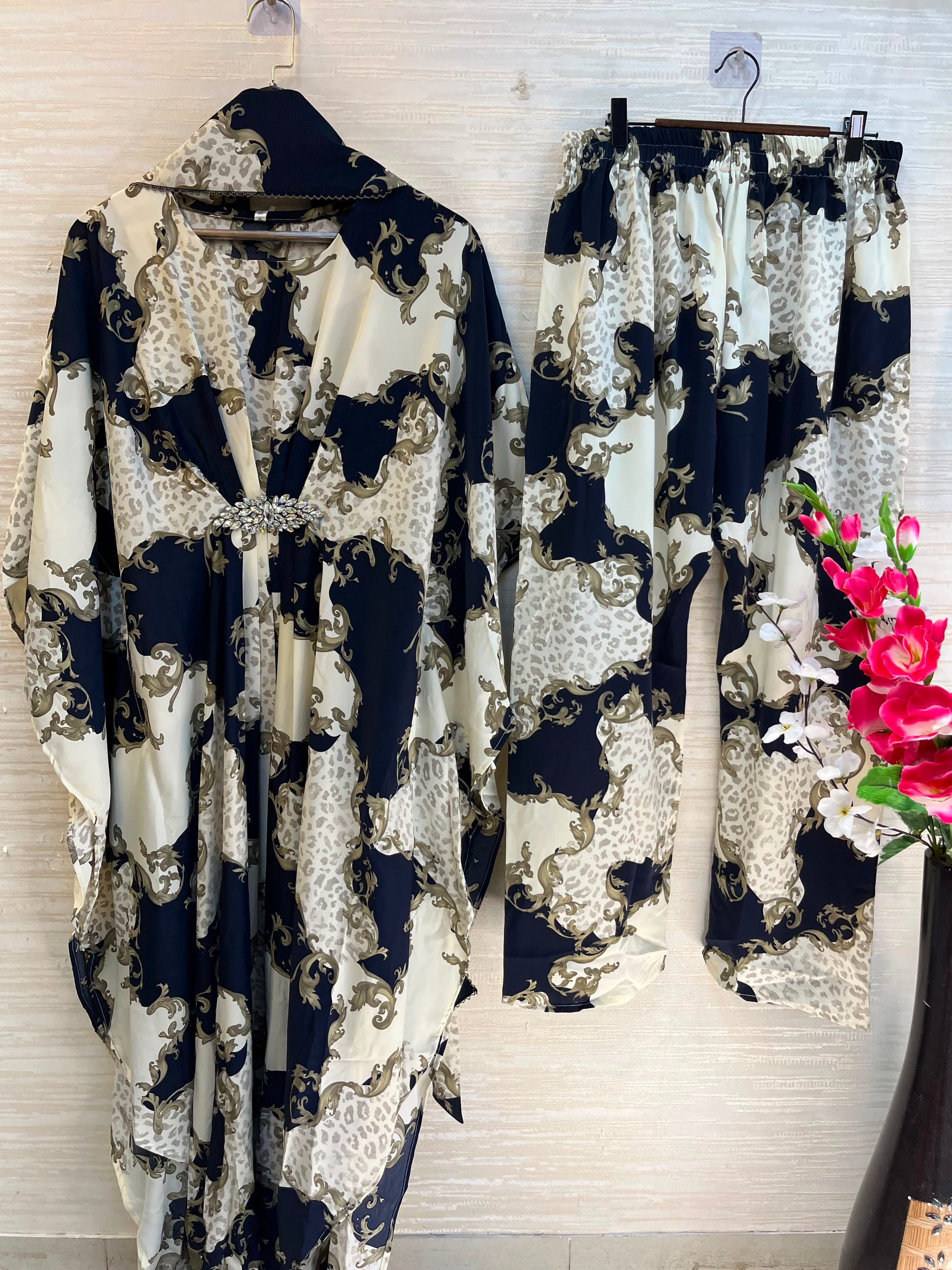1099 Floral Kaftan Coord Set - Beige
