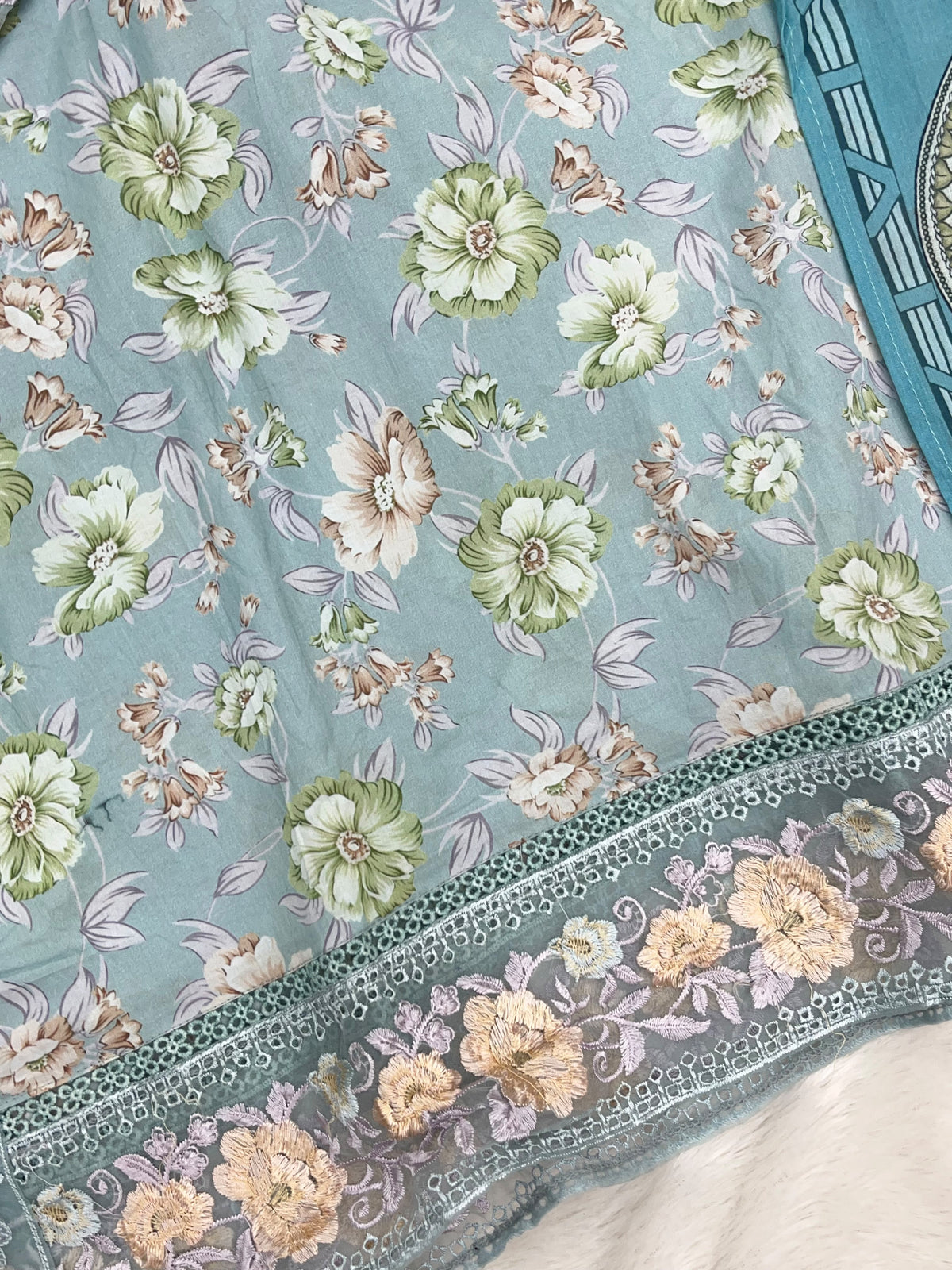 1441 Mausumery Foral Lawn Suit - Ice Blue