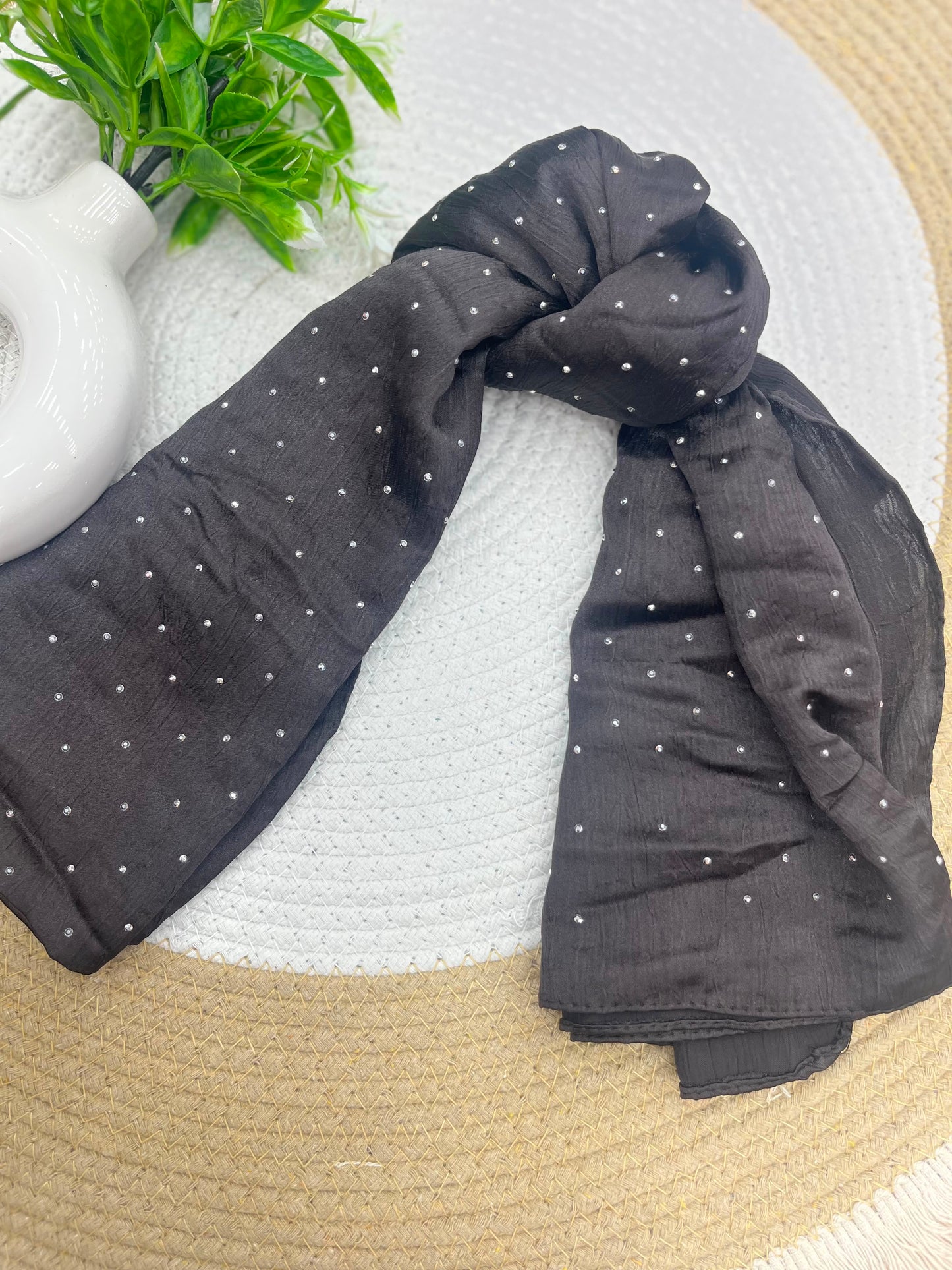 1187 Modest Satin Rhinestone Hijab - Light Black