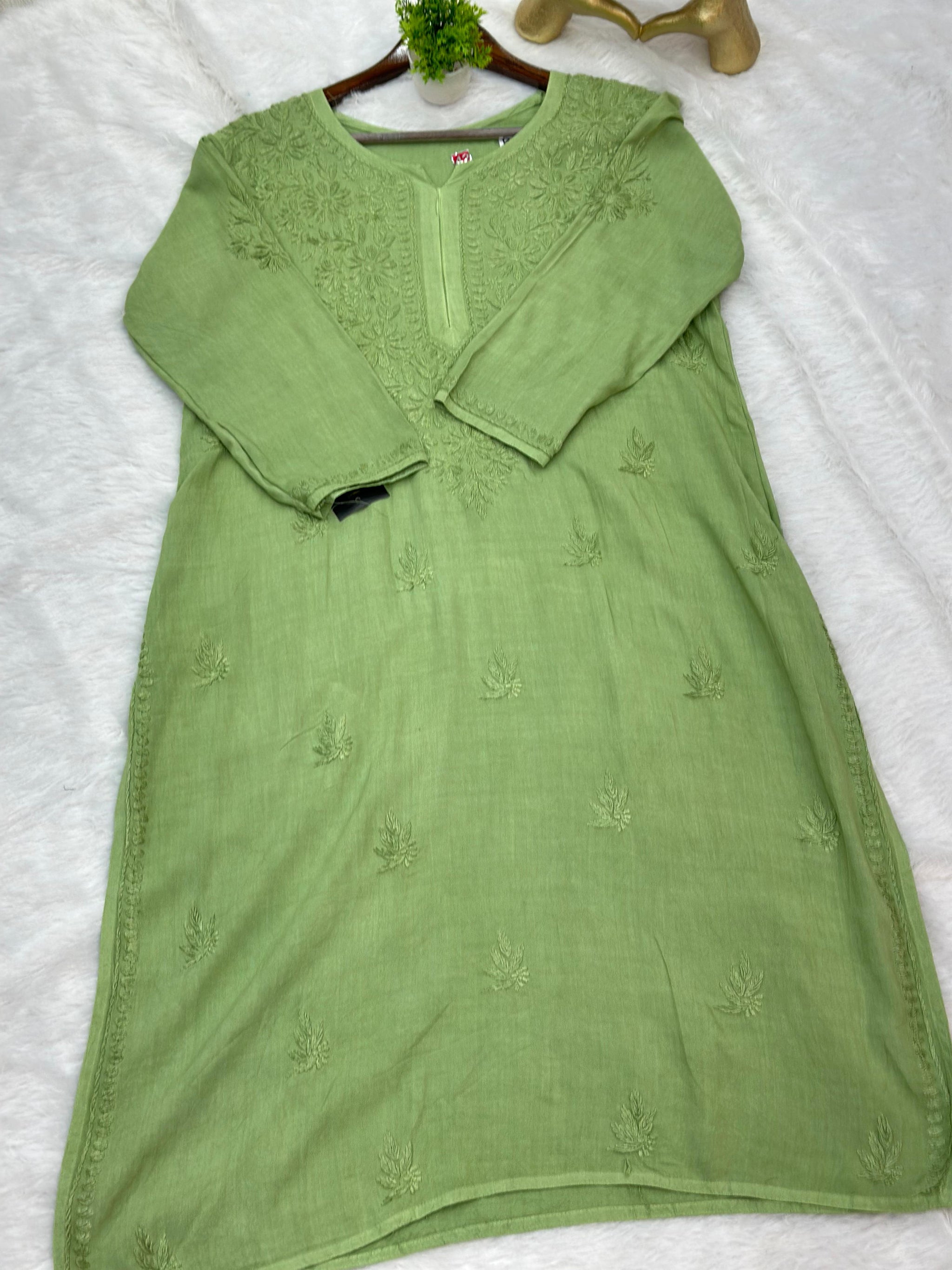 685 Lucknowi Long Kurti - Pista Green