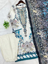 1451 Pakistani Embroidered Suit - Cream White