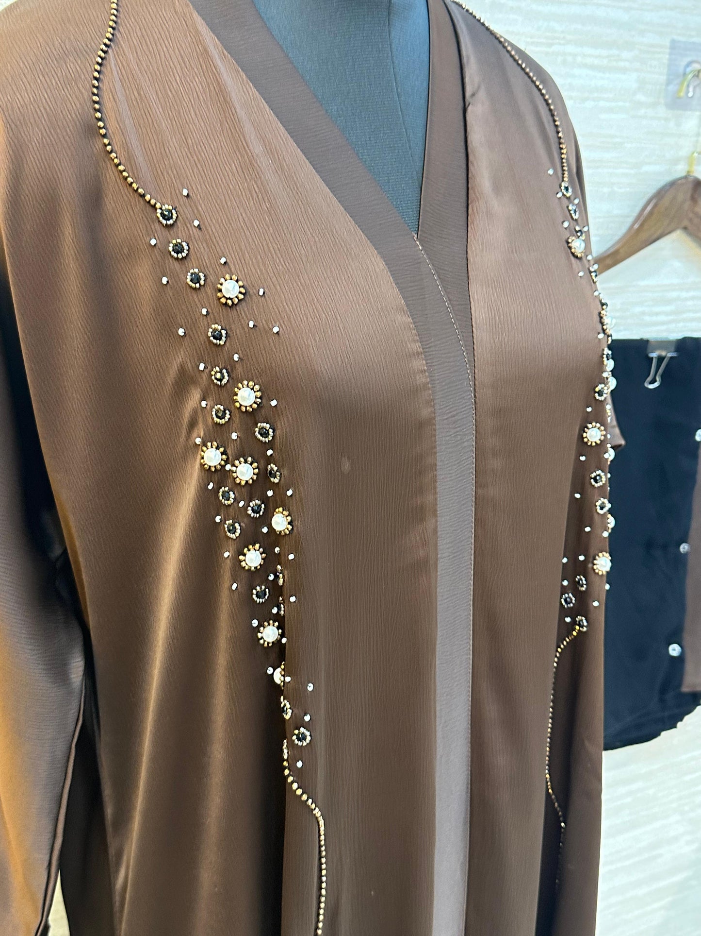 334 Midnight Pearl Embellished Abaya Set - Brown
