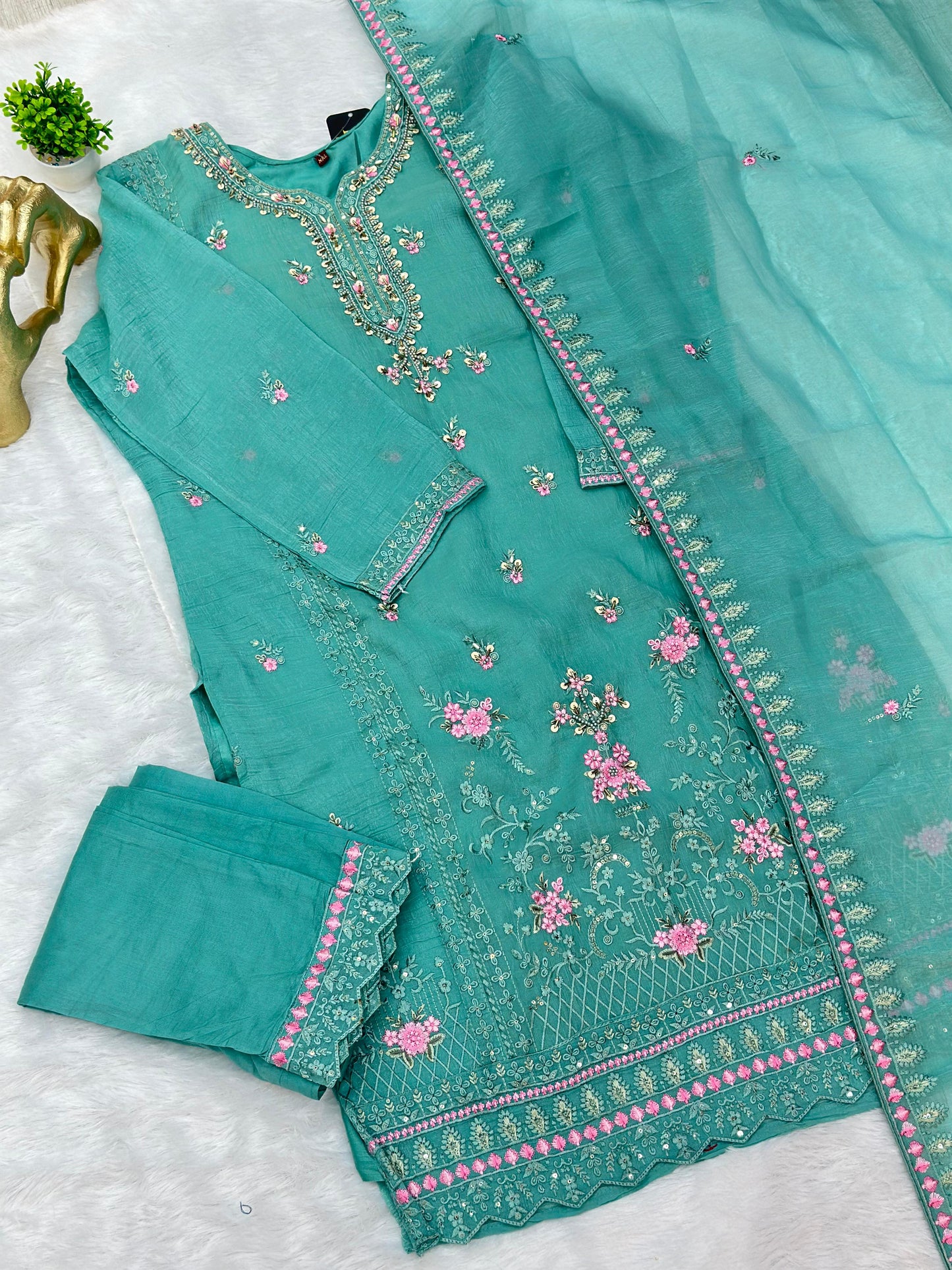 651 Pakistani Floral Party Wear Set - Aqua