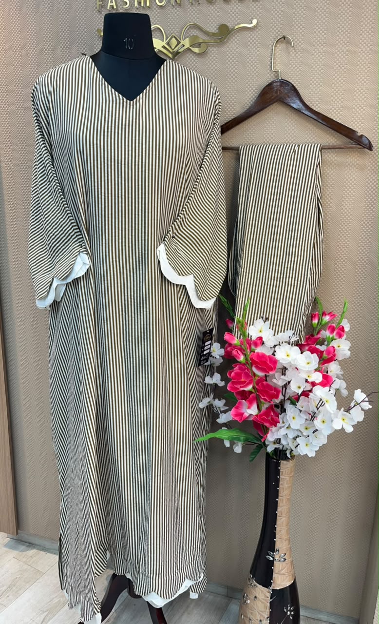 1230 Striped Maxi Kaftan A-Line Set - Brown