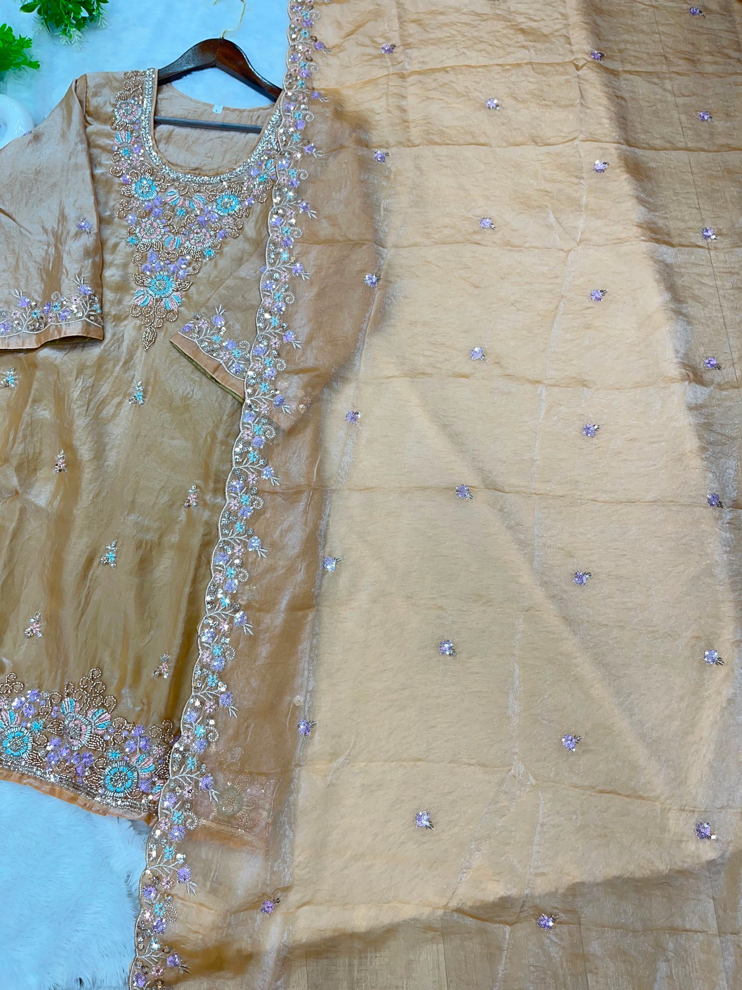 1204 Floral Hand-Work Partywear - Golden Beige