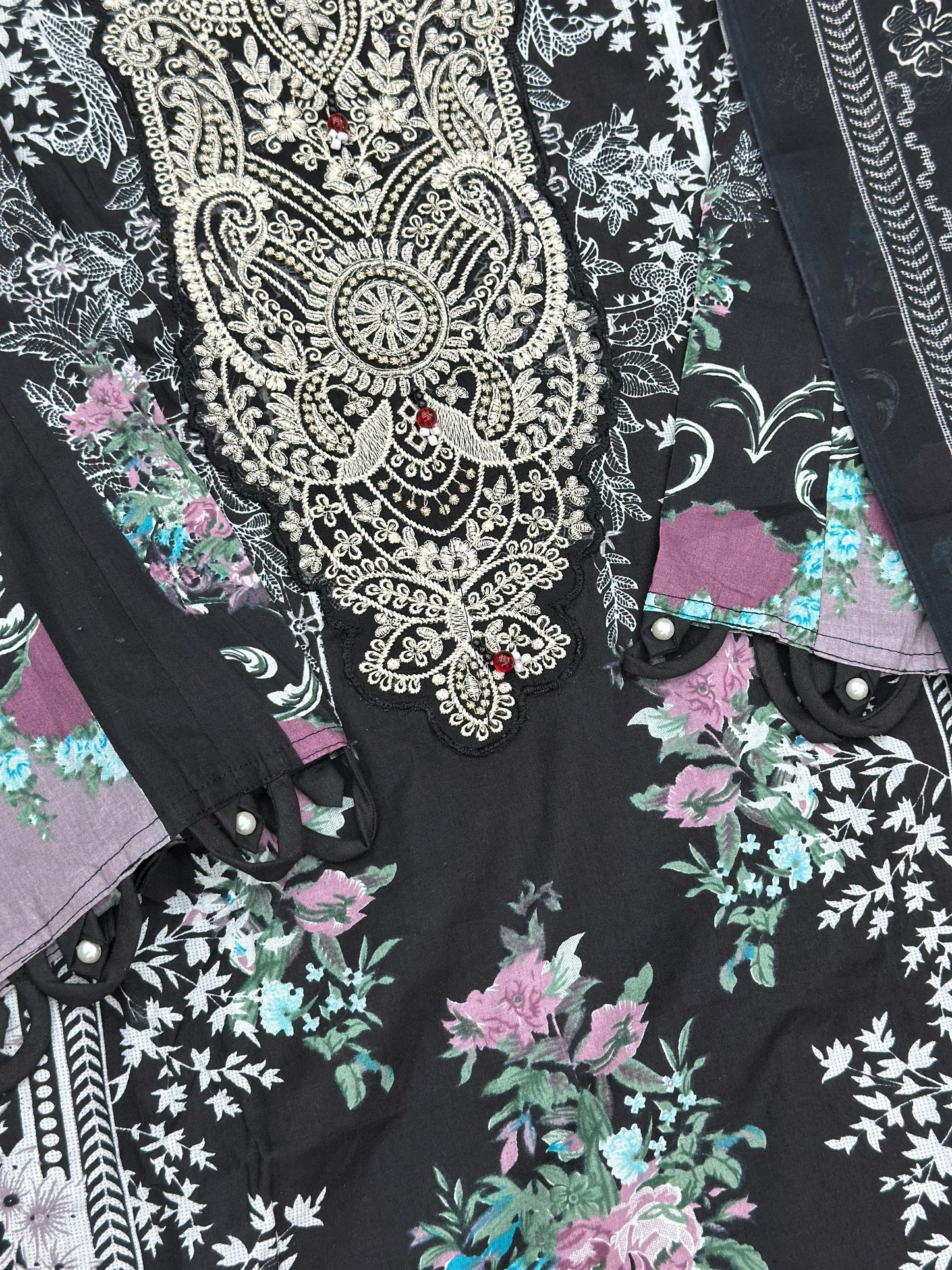 632 Premium Pakistani Lawn Suit - Black Floral