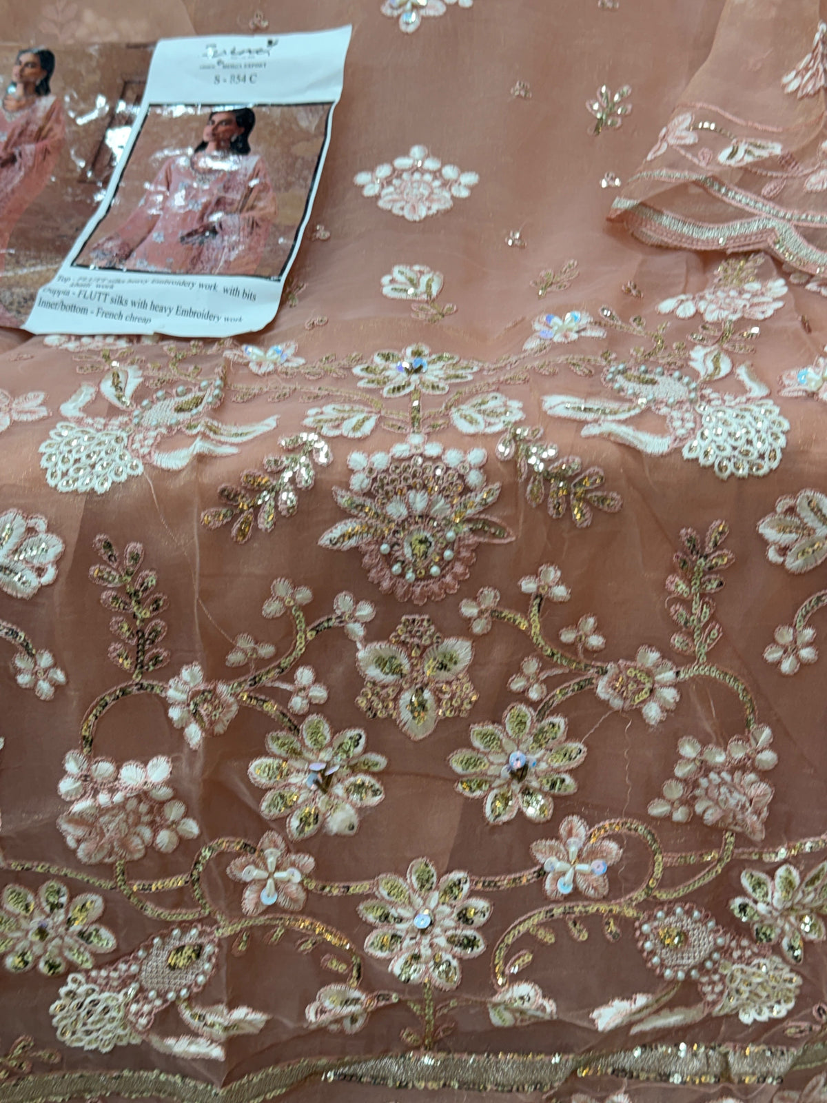 1438 Pakistani Unstitched Partywear - Peach