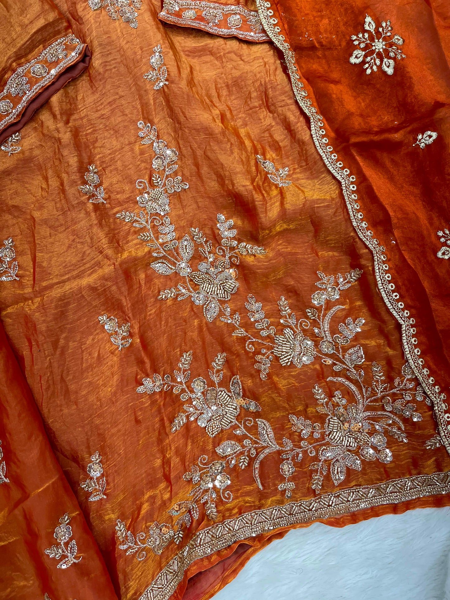 1204 Floral Hand-Work Partywear - Rusty Orange