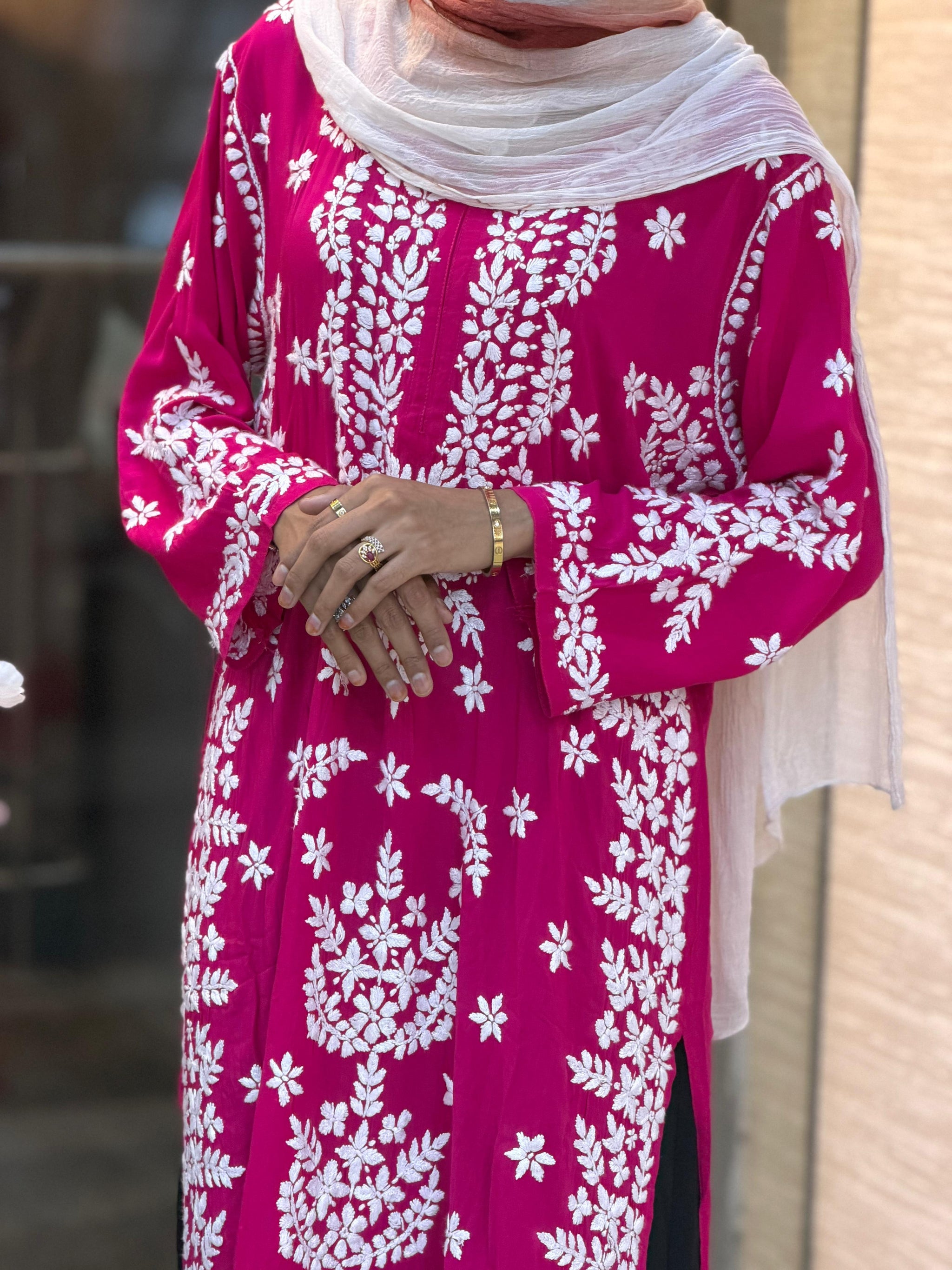 619 Lucknowi Long Kurti Set | Pink