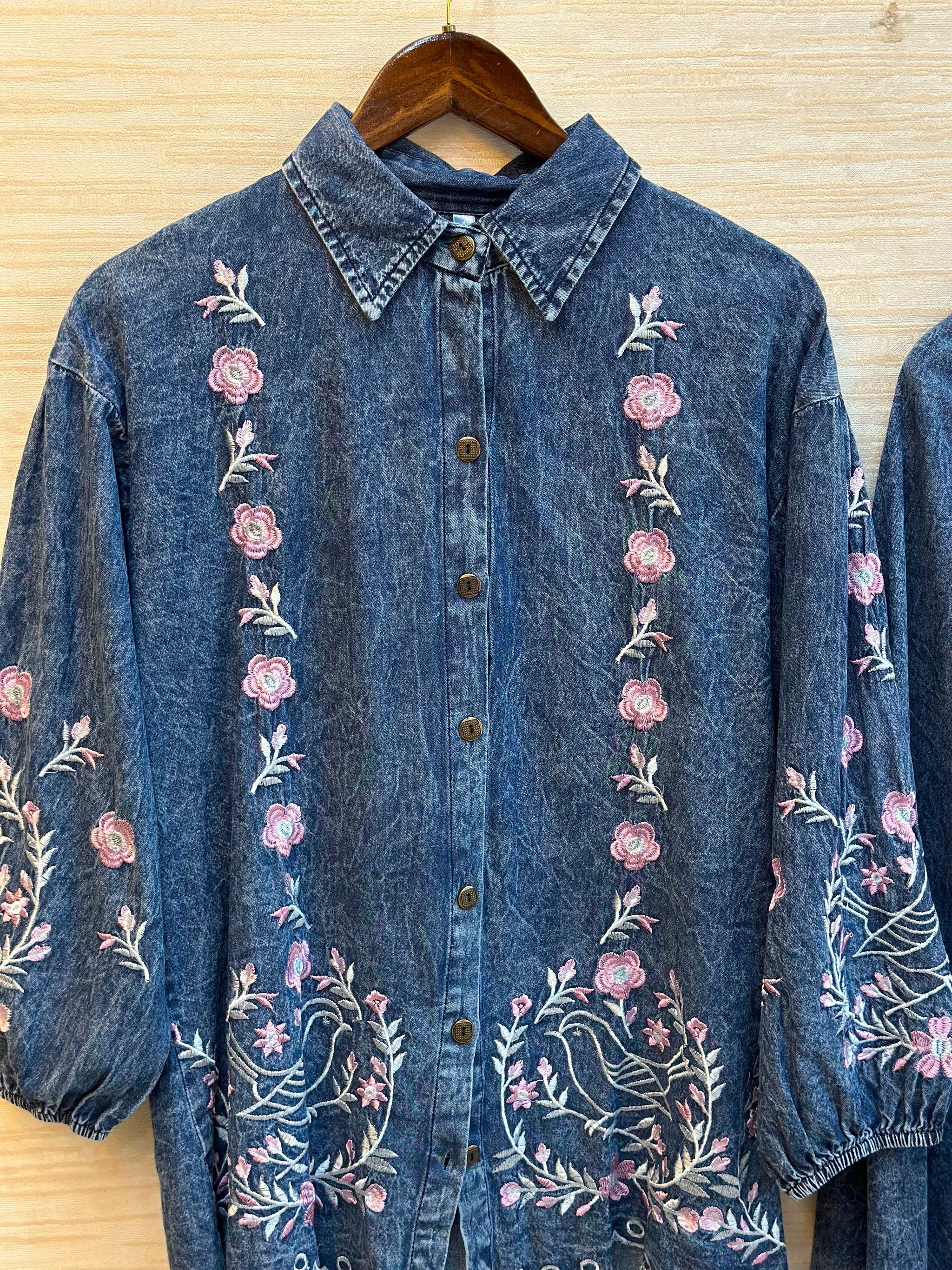 1095 Denim Embroidered Skirt Coord Set - Mid Blue