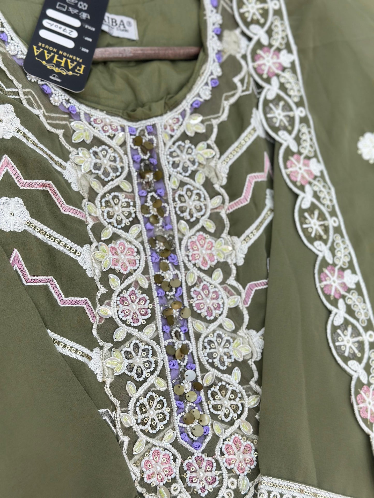 653 Pakistani Embroidered Frock Set - Mehendi Green
