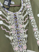 653 Pakistani Embroidered Frock Set - Mehendi Green