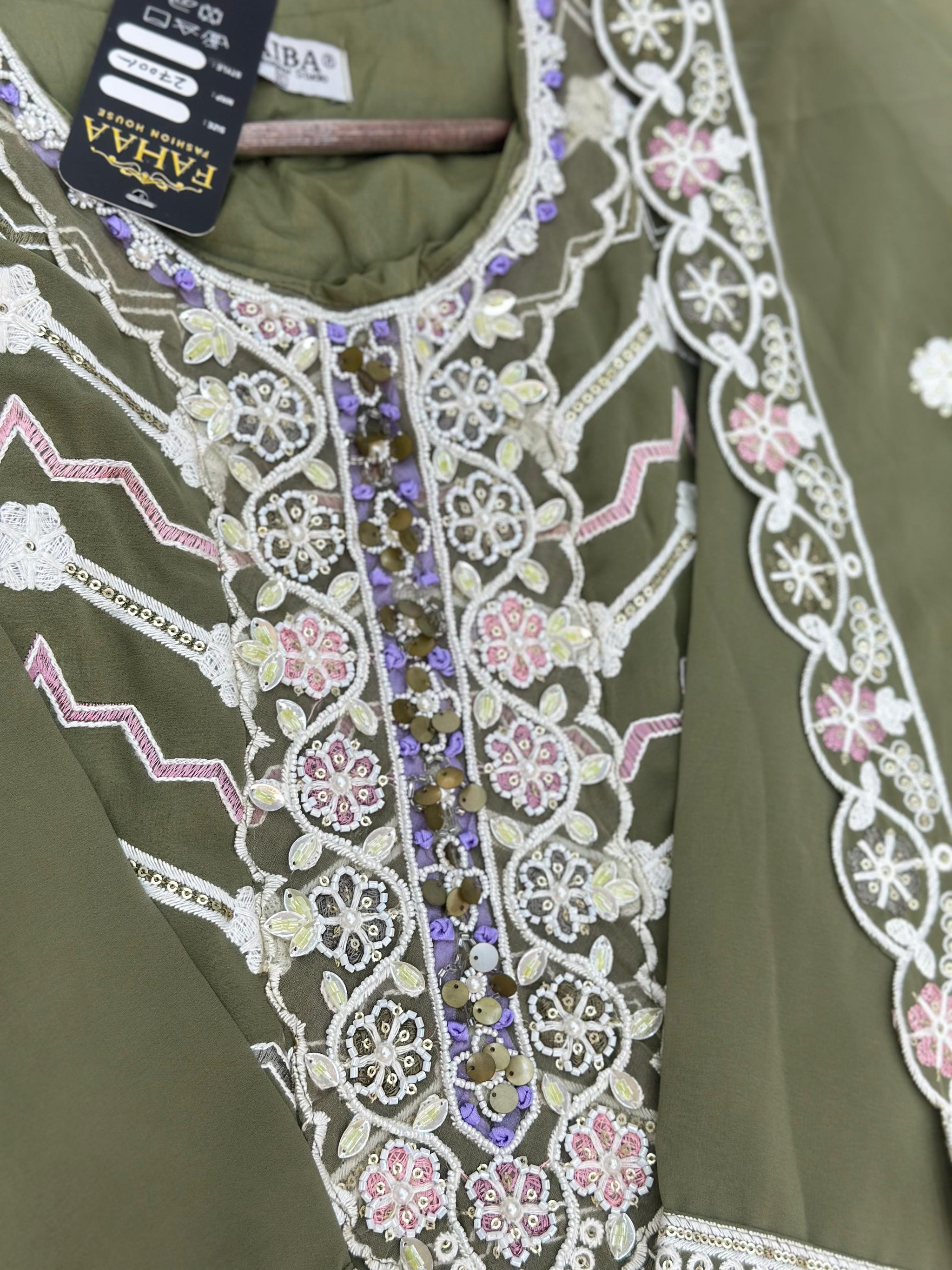 653 Pakistani Embroidered Frock Set - Mehendi Green