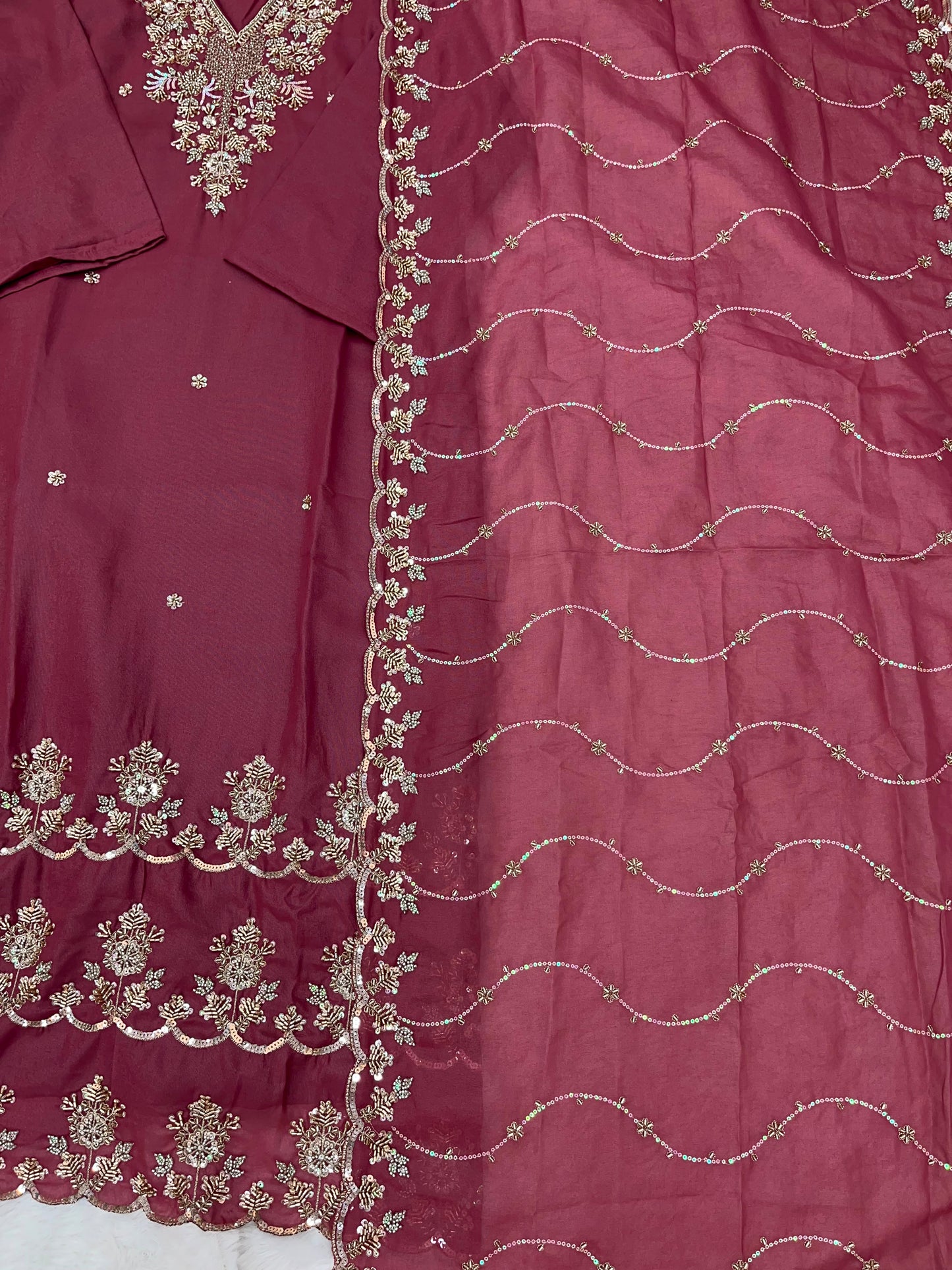 1204 Floral Hand-Work Partywear - Wine Maroon